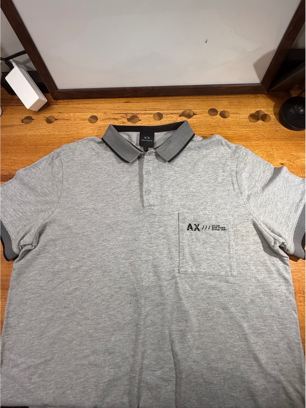 Armani Exchange Men's XL Gray Polo Shirt with Black Trim Collar and Sleeve